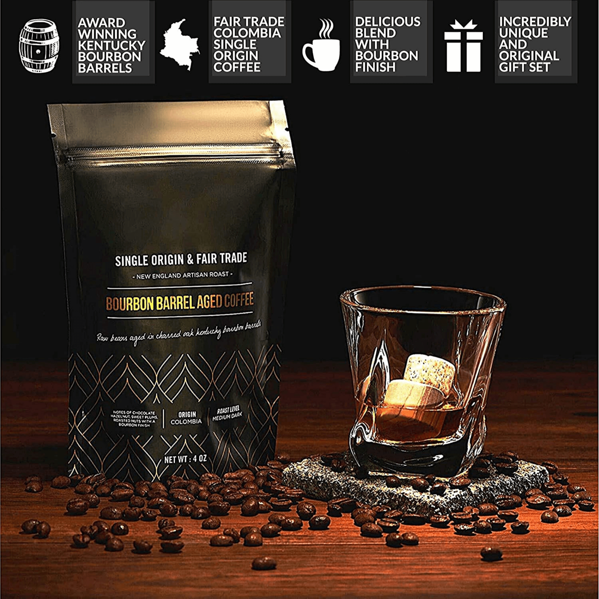 Whiskey Stones &amp; Kentucky Bourbon Barrel Aged Coffee Tasting Gift Set